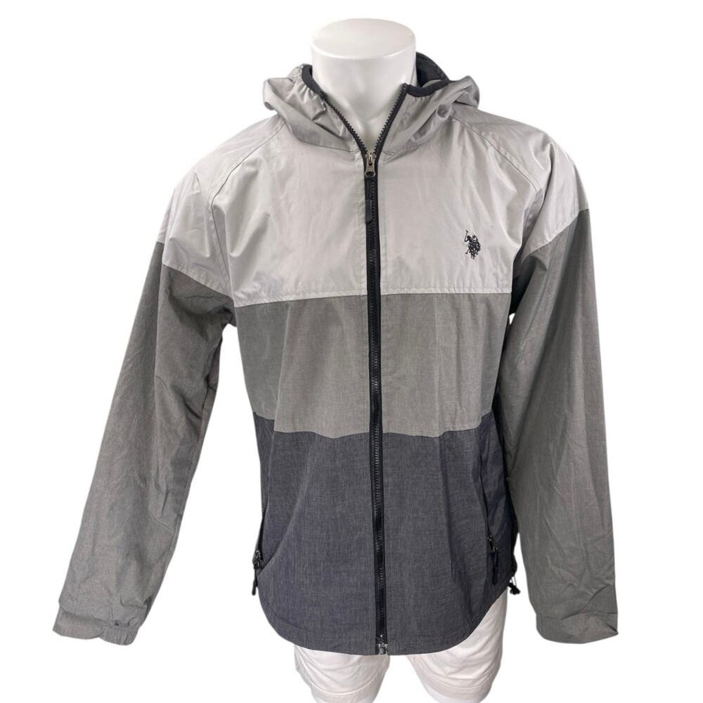 U.S. Polo Assn Men's Gray Black Colorblock Hoodie Hooded Windbreaker Jacket L